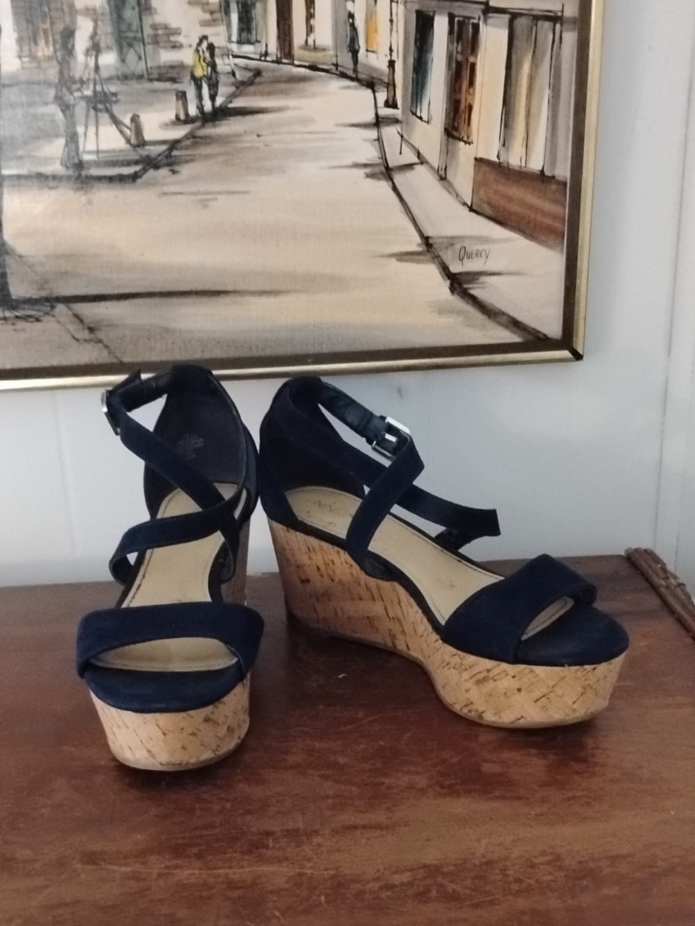 Nine West Navy Cork Wedge Sandals